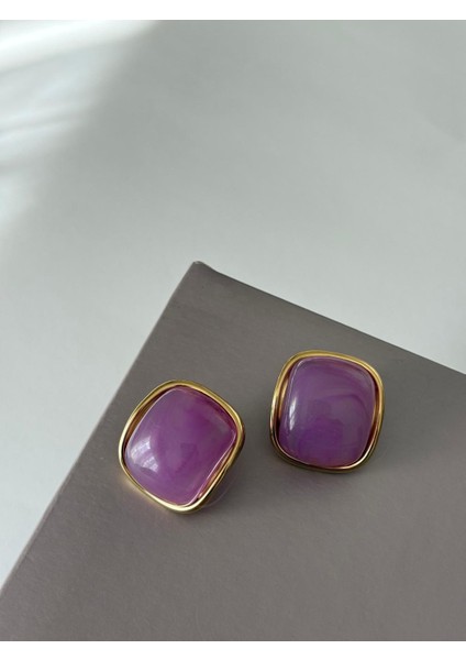 Mor Renkli Kare Düğme Model Gold Çelik Küpe fiyatları