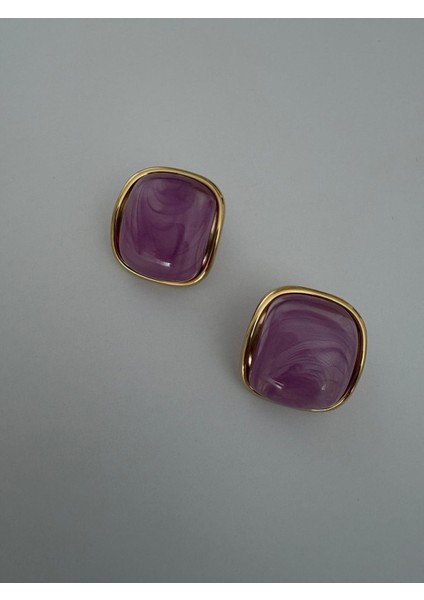 Mor Renkli Kare Düğme Model Gold Çelik Küpe modelleri