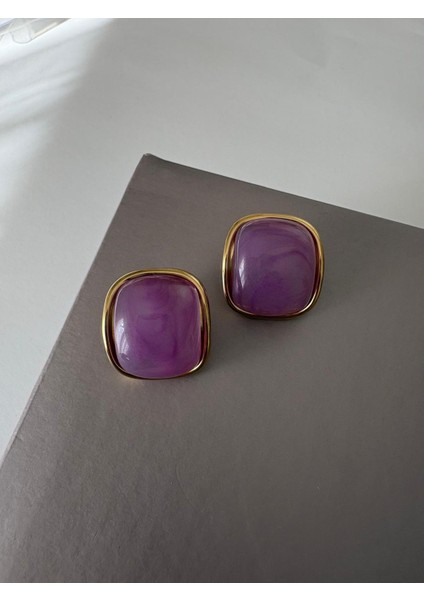 Mor Renkli Kare Düğme Model Gold Çelik Küpe fırsatları