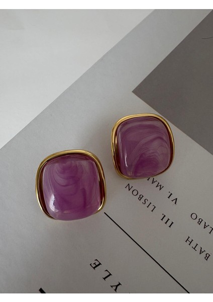 Mor Renkli Kare Düğme Model Gold Çelik Küpe indirimleri