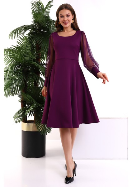 Yuvarlak Yaka Kol Tül Elbise F117