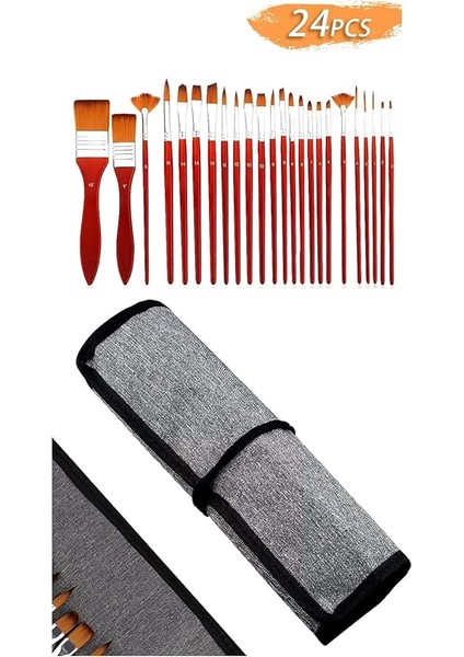Kırmızı 24 Parçalı Profesyonel Sanat Fırça Seti Çantalı Yağlıboya Akrilik Guaj
