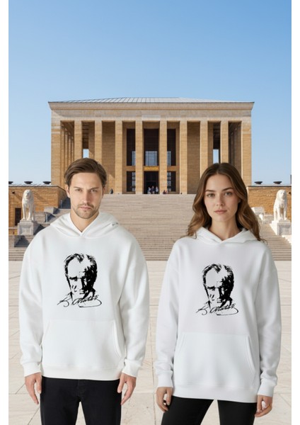 Unisex Oversize % 100 Pamuk Içi Polarlı Yumuşak Dokulu " Atatürk "baskılı Kapüşonlu Sweatshirt