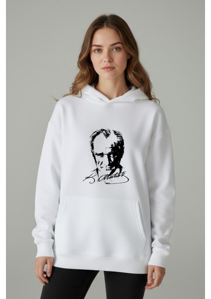 Unisex Oversize % 100 Pamuk Içi Polarlı Yumuşak Dokulu " Atatürk "baskılı Kapüşonlu Sweatshirt fiyatları