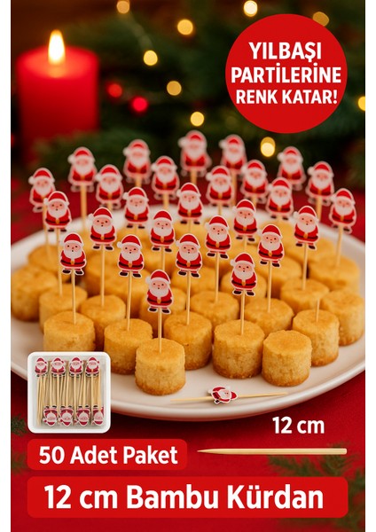 50’li Noel Baba Figürlü 12 cm Bambu Kürdan • Yılbaşı Sunum ve Parti Süsleme Seti
