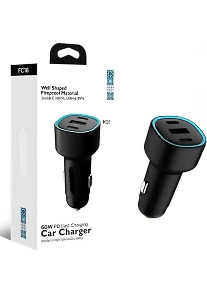 Wlue 60W Pd Süper Hızlı Şarj Araç Içi Çakmaklık Şarj Aleti 2x Type-C 60W Pd 1x Usb3.0 18W