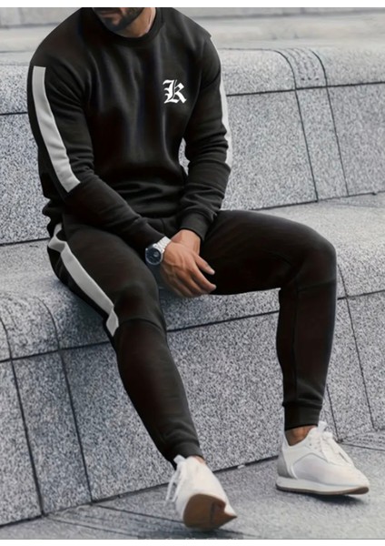 Büyük Beden Özel Tasarım R Tribal Baskılı Şerit Dikişli %100 Pamuk Dış Mekan Erkek Eşofman Takımı