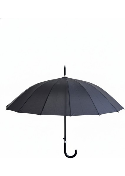 Siyah 1. Sınıf Kalite Baston Tip Rüzgar Korumalı Metal 16 Telli Siyah Gövdeli Şemsiye