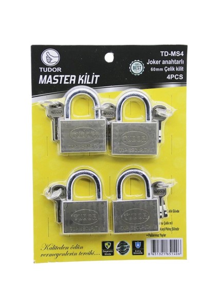 Tudor Td-Ms4 Master 4pcs Joker Anahtarlı=tek Anahtarla 4 Kilit Aç 60MM - Gri Kısa Kancalı Çelik Asma Kilit (5324)