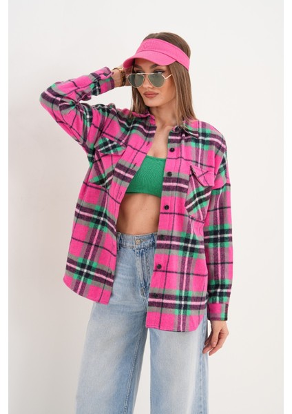 Kadın Desen Bloklu Oduncu Oversize Bol ve Geniş Kalıp Casual Cepli Yakalı Ceket Gömlek