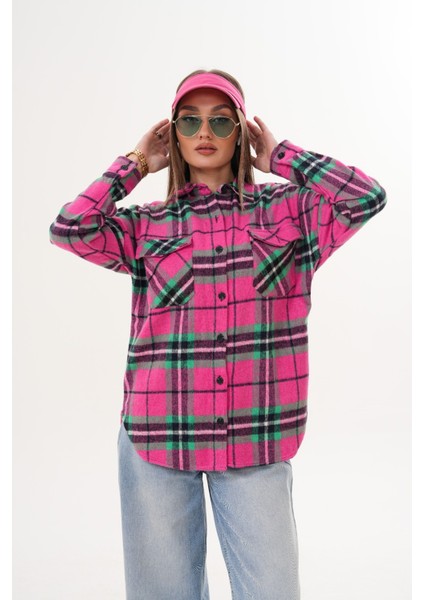 Kadın Desen Bloklu Oduncu Oversize Bol ve Geniş Kalıp Casual Cepli Yakalı Ceket Gömlek modelleri