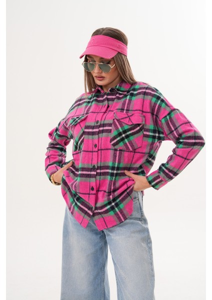 Kadın Desen Bloklu Oduncu Oversize Bol ve Geniş Kalıp Casual Cepli Yakalı Ceket Gömlek fırsatları