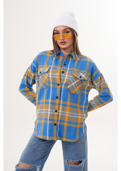 Kadın Desen Bloklu Oduncu Oversize Bol ve Geniş Kalıp Casual Cepli Yakalı Ceket Gömlek