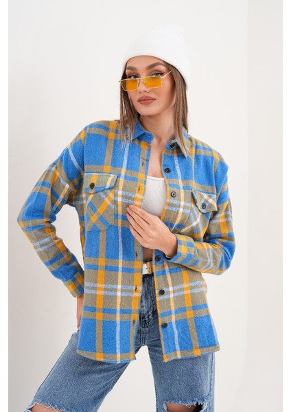 Kadın Desen Bloklu Oduncu Oversize Bol ve Geniş Kalıp Casual Cepli Yakalı Ceket Gömlek fiyatları