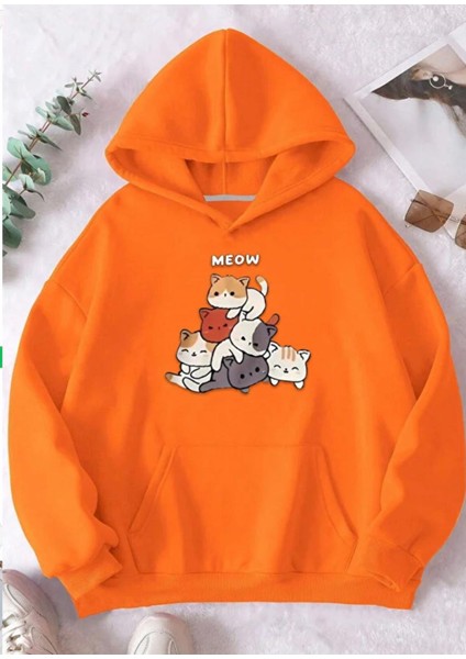 Punıx Büyük Beden Sevimli Kediler Baskılı Kapüşonlu Kışlık Kalın Kadın Swestshırt