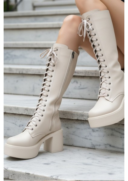 Kalın Taban Topuklu Fermuarlı Diz Altı Sade Bağcıklı Kadın Çizme fiyatları