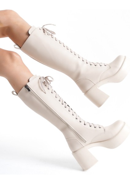 Kalın Taban Topuklu Fermuarlı Diz Altı Sade Bağcıklı Kadın Çizme modelleri