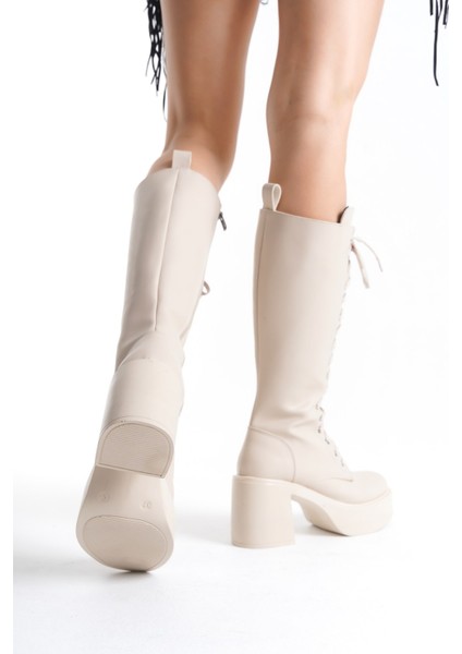 Kalın Taban Topuklu Fermuarlı Diz Altı Sade Bağcıklı Kadın Çizme indirimleri