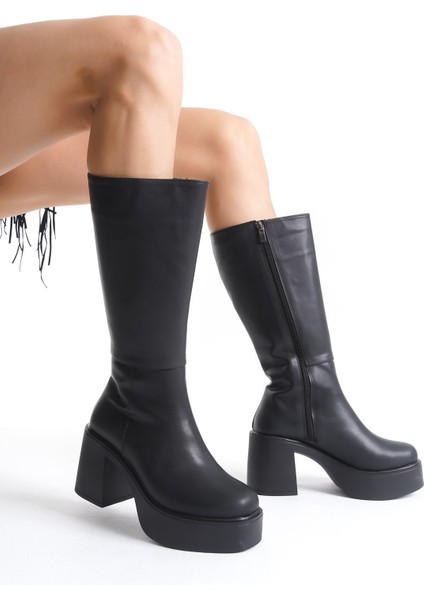 Kalın Taban Topuklu Fermuarlı Diz Altı Sade Klasik Kadın Çizme 914303-Z