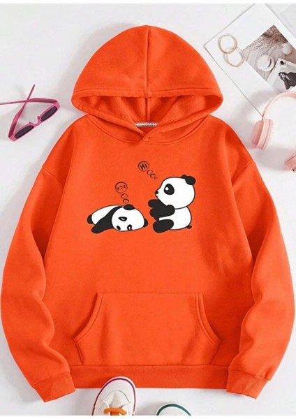 Punıx Büyük Beden Miskin Pandalar Baskılı Kapüşonlu Kalın Kışlık Battal Kadın Sweatshırt
