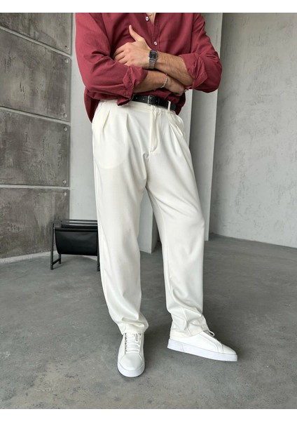 Beyaz Pileli Baggy Kumaş Pantolon