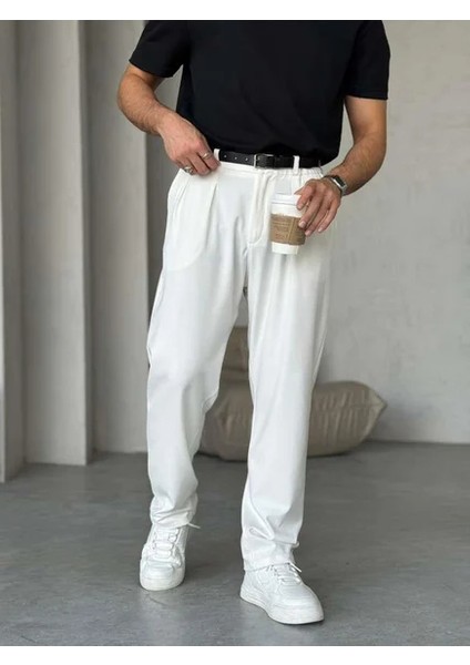 Beyaz Pileli Baggy Kumaş Pantolon