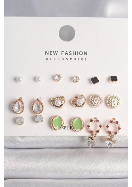 Pirinç Gold Renk Damla Zirkon Taşlı Incili Kalp Detay 9 Çift Kadın Küpe Seti - Lisinya