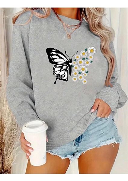 Punıx Büyük Beden Özel Tasarım Kelebek Baskılı Bisiklet Yaka Kışlık Kadın Sweatshırt