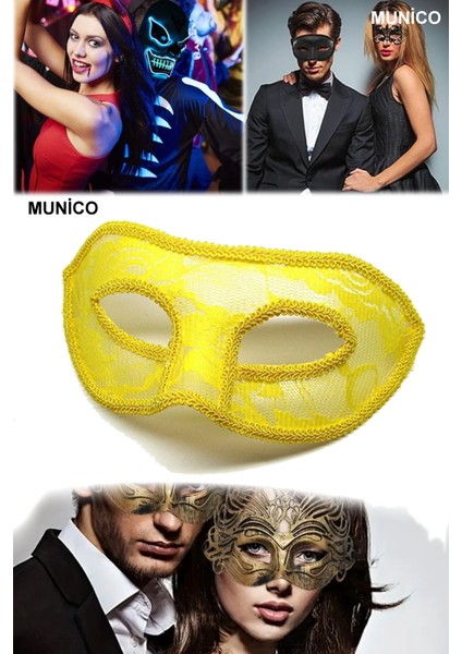 Sarı Dantel Tül Parti Maskesi Venedik Stil Standart Ölçü | Maskeli Balo ve Özel Davetler Için