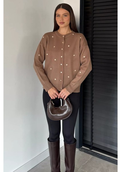 Kadın Kalp Nakışlı Triko Hırka (S-M-L Uyumludur) P-00018885