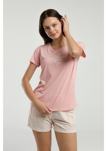 Kadın Bisiklet Yaka Kısa Kol T-Shirt Şortlu Pijama Takımı W4.A3.K3.R1K