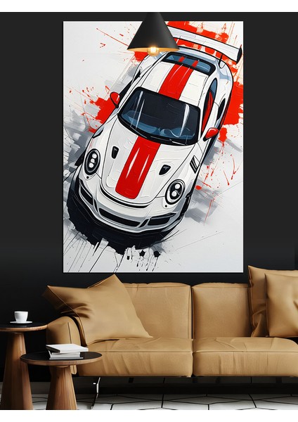 Beyaz Kırmızı Şeritli Hızlı Yarış Arabası Dekoratif Kanvas - Mdf Ahşap Tablo