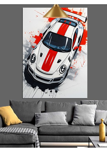 Beyaz Kırmızı Şeritli Hızlı Yarış Arabası Dekoratif Kanvas - Mdf Ahşap Tablo fiyatları