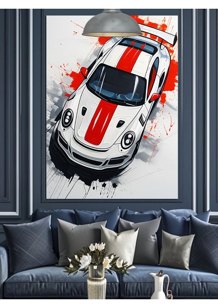 Beyaz Kırmızı Şeritli Hızlı Yarış Arabası Dekoratif Kanvas - Mdf Ahşap Tablo modelleri