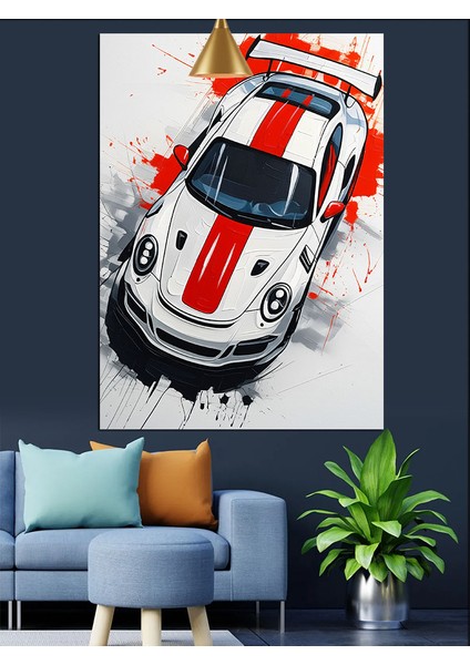 Beyaz Kırmızı Şeritli Hızlı Yarış Arabası Dekoratif Kanvas - Mdf Ahşap Tablo indirimleri