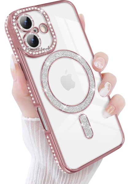 Apple iPhone 17 Kılıf Simli Taşlı Lens Korumalı Arkası Şeffaf Kenarı Renkli Parlak Magsafe Kapak