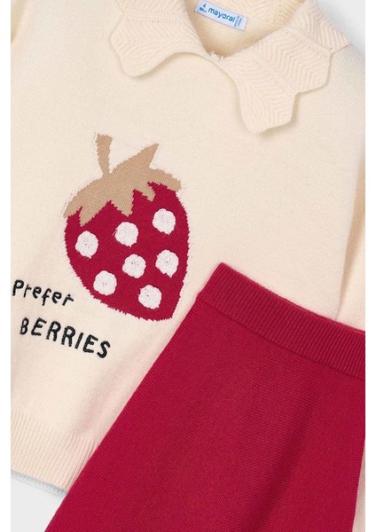 Kız Çocuk Rahat Kalıp Çilek Desenli Kazak ve Etek Takımı - Kırmızı/krem modelleri