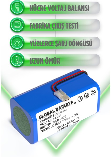 Irobat Queen Uyumlu Robot Süpürge Bataryası 14.4V 3200MAH Li-Ion Pil (Yüksek Kapasite) modelleri