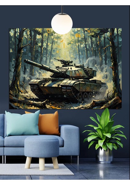 Sisli Ormanda Askeri Tank Dekoratif Kanvas - Mdf Ahşap Tablo