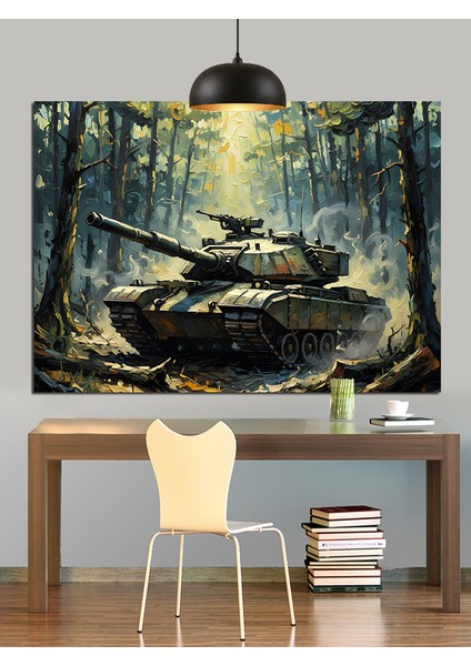 Sisli Ormanda Askeri Tank Dekoratif Kanvas - Mdf Ahşap Tablo indirimleri
