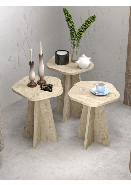 Zigon Sehpa Dekoratif 3’lü Çok Amaçlı Yan Sehpa Çiçek Formlu Traverten