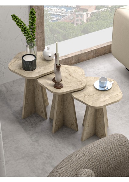 Zigon Sehpa Dekoratif 3’lü Çok Amaçlı Yan Sehpa Çiçek Formlu Traverten fiyatları