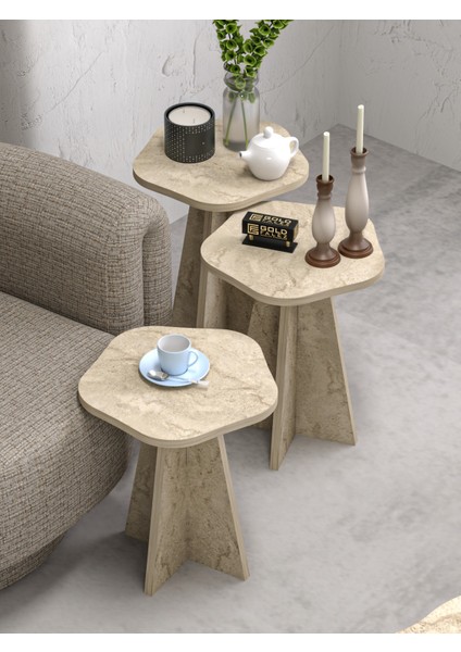 Zigon Sehpa Dekoratif 3’lü Çok Amaçlı Yan Sehpa Çiçek Formlu Traverten modelleri