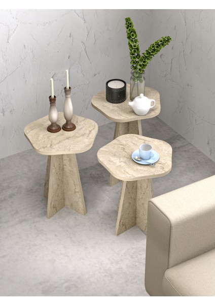 Zigon Sehpa Dekoratif 3’lü Çok Amaçlı Yan Sehpa Çiçek Formlu Traverten indirimleri