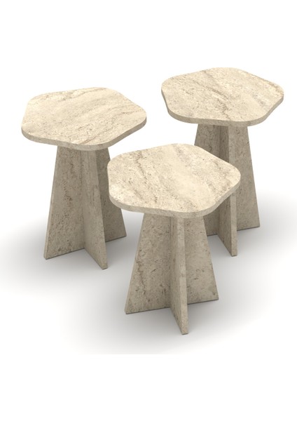 Zigon Sehpa Dekoratif 3’lü Çok Amaçlı Yan Sehpa Çiçek Formlu Traverten