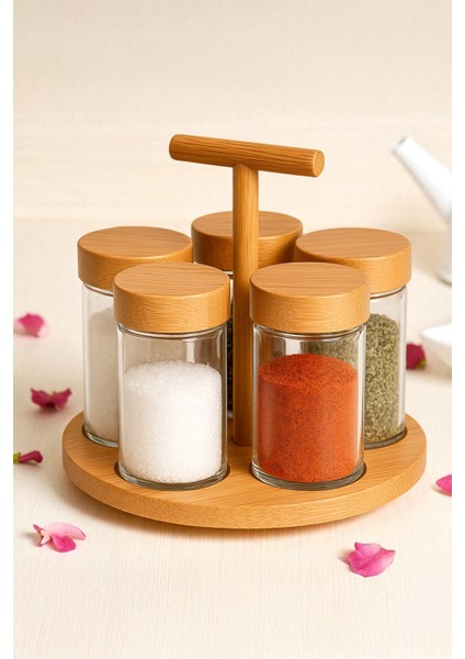Mivora Cam 5’li Baharatlık Takımı Bambu Standlı Döner Tasarım