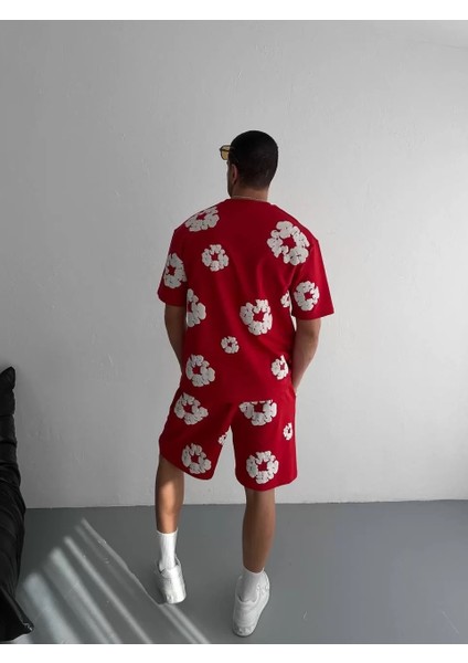 Iki Iplik Kumaş Baskılı T-Shirt Şortlu Takım- Kırmızı