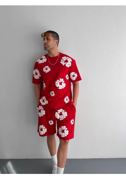 Iki Iplik Kumaş Baskılı T-Shirt Şortlu Takım- Kırmızı modelleri
