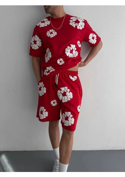 Iki Iplik Kumaş Baskılı T-Shirt Şortlu Takım- Kırmızı fırsatları