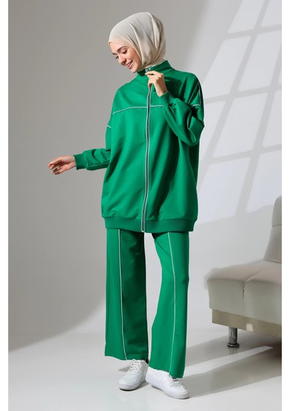 Kadın Benetton Yeşili Mevsimlik Penye Alt Üst Spor ve Rahat Ikili Tunik Pantolon Şık Tesettür Takım